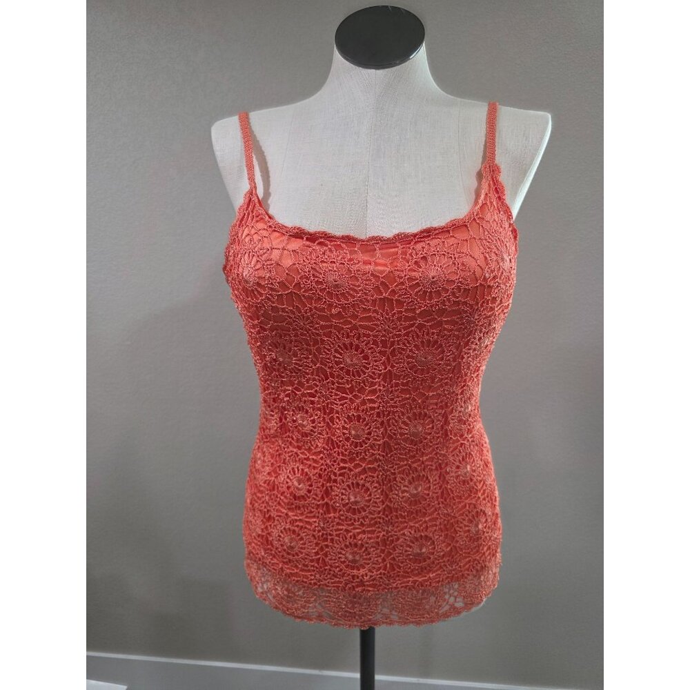 Womens Coral Crochet Lace Tank Top Sleeveless Lined Floral Pattern Large